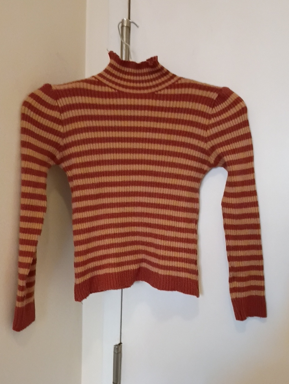 Striped Rust and Cream Ribbed Mock Neck Sweater - Women